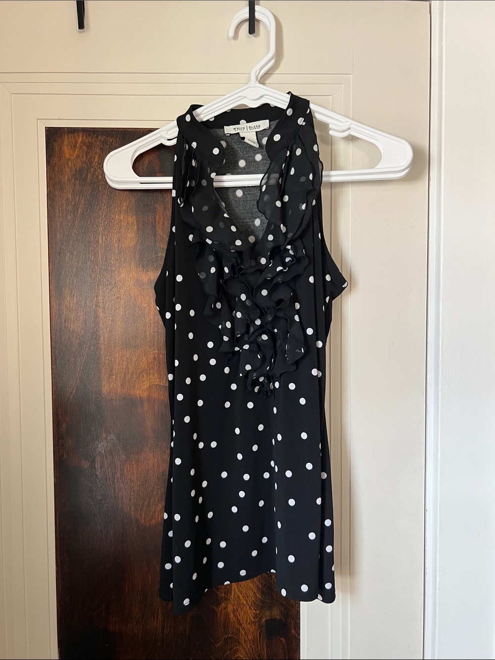White House Black Market Black & White Polka Dot Ruffle Halter Top